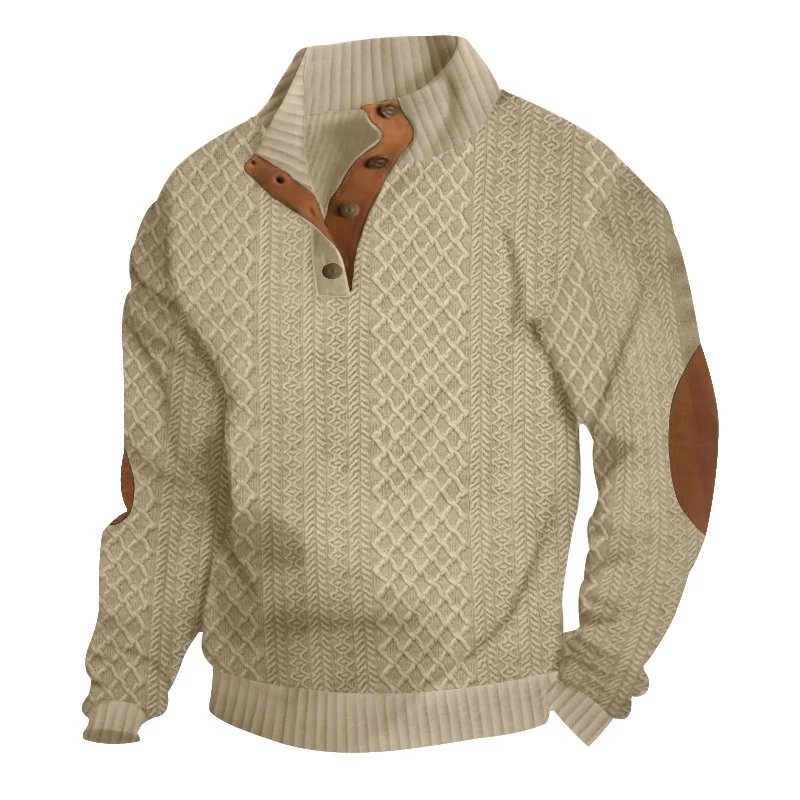 Herren Strukturierter Aran-Strickpullover mit halbem Knopfleistenkragen und Leder-Ellbogenpatches Nord Taschen