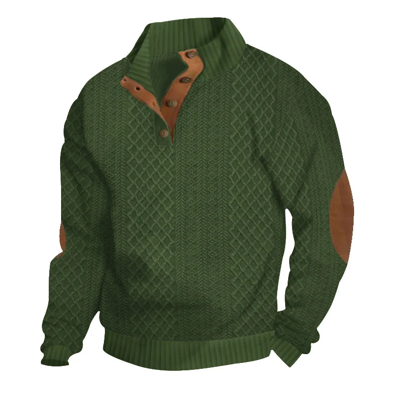 Herren Strukturierter Aran-Strickpullover mit halbem Knopfleistenkragen und Leder-Ellbogenpatches Nord Taschen