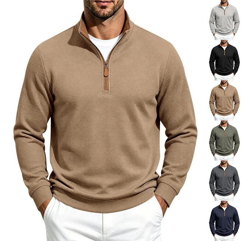 Herren Struktur-Halbzipp-Pullover mit Stehkragen und Kontrastinnenkragen Nord Taschen