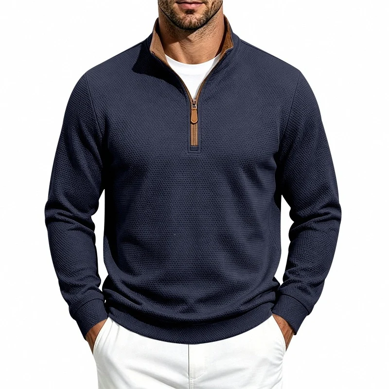 Herren Struktur-Halbzipp-Pullover mit Stehkragen und Kontrastinnenkragen Nord Taschen