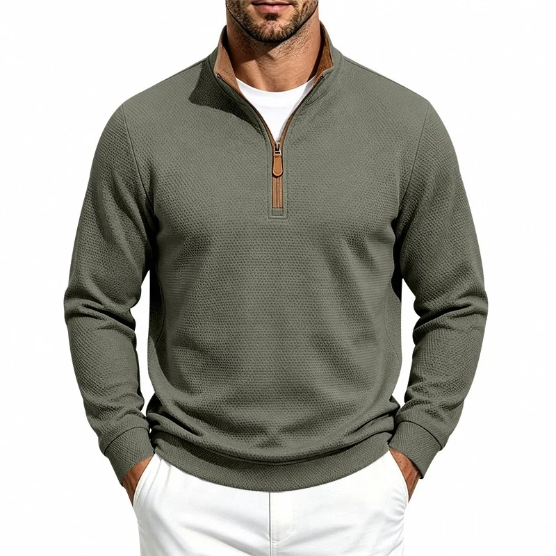 Herren Struktur-Halbzipp-Pullover mit Stehkragen und Kontrastinnenkragen Nord Taschen