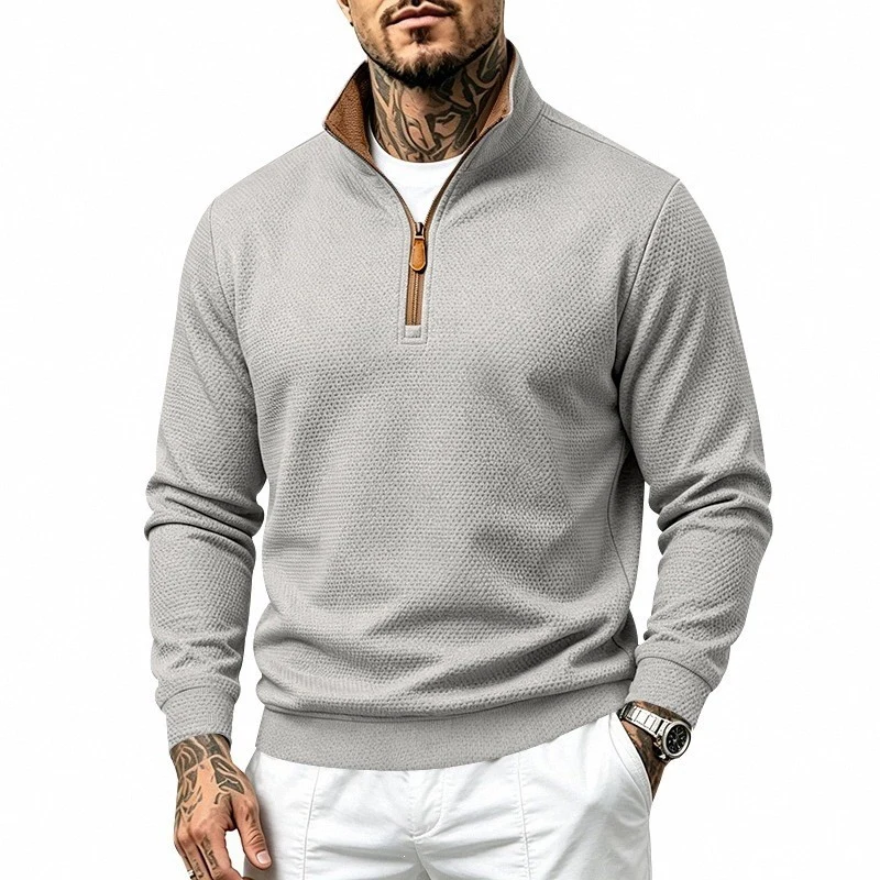 Herren Struktur-Halbzipp-Pullover mit Stehkragen und Kontrastinnenkragen Nord Taschen