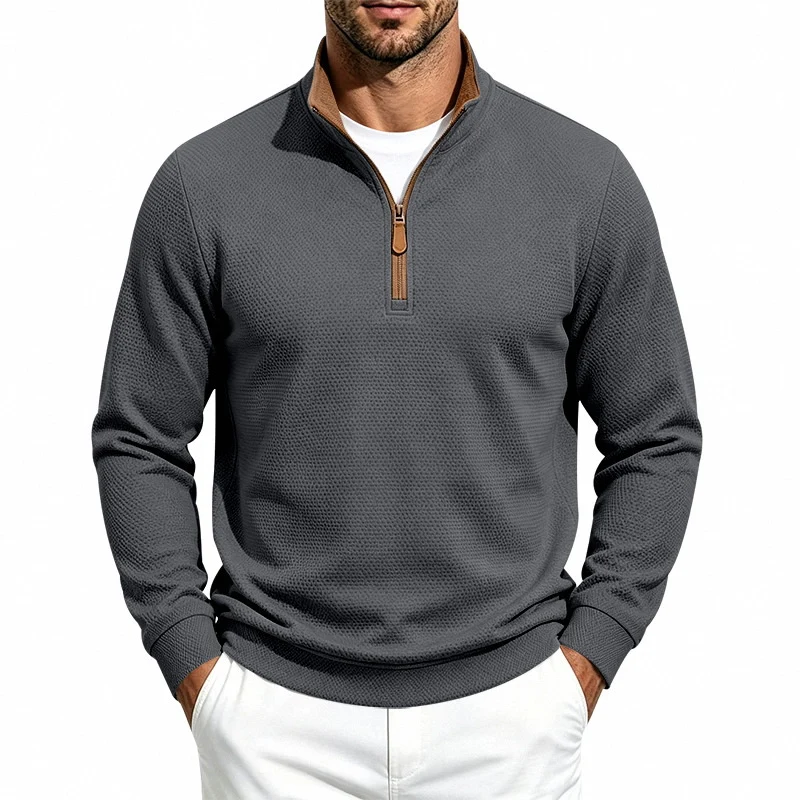 Herren Struktur-Halbzipp-Pullover mit Stehkragen und Kontrastinnenkragen Nord Taschen