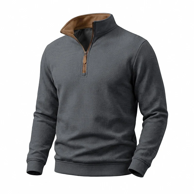 Herren Struktur-Halbzipp-Pullover mit Stehkragen und Kontrastinnenkragen Nord Taschen