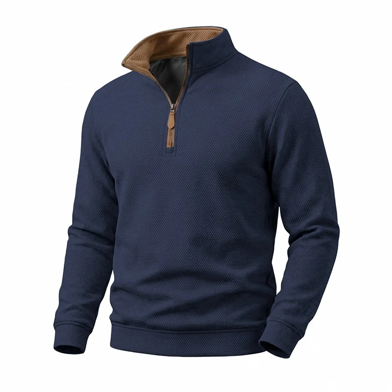 Herren Struktur-Halbzipp-Pullover mit Stehkragen und Kontrastinnenkragen Nord Taschen