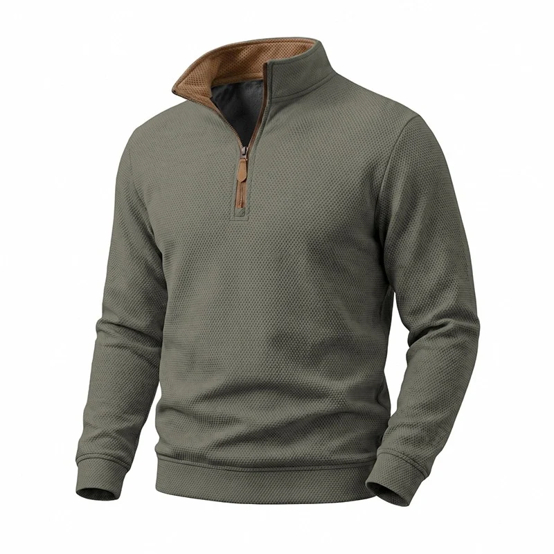 Herren Struktur-Halbzipp-Pullover mit Stehkragen und Kontrastinnenkragen Nord Taschen
