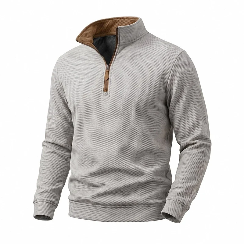 Herren Struktur-Halbzipp-Pullover mit Stehkragen und Kontrastinnenkragen Nord Taschen