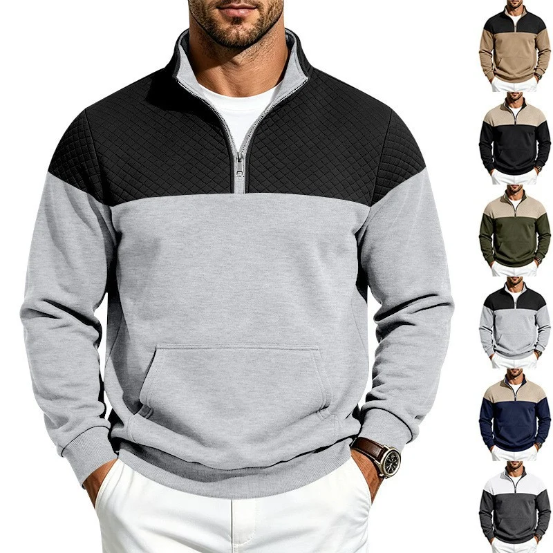 Herren Stehkragen-Sweatshirt mit Halbzip, gesteppter Schulterpasse und Kängurutasche Nord Taschen