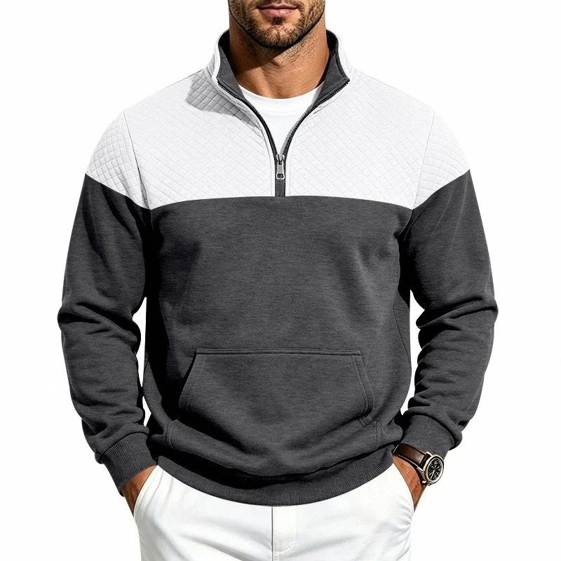 Herren Stehkragen-Sweatshirt mit Halbzip, gesteppter Schulterpasse und Kängurutasche Nord Taschen
