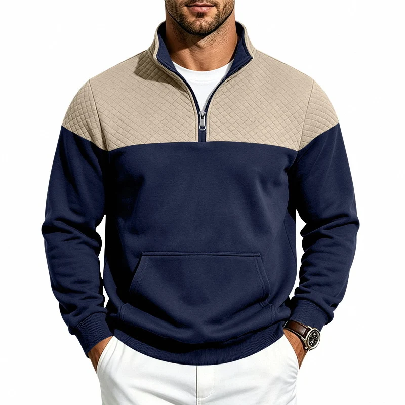 Herren Stehkragen-Sweatshirt mit Halbzip, gesteppter Schulterpasse und Kängurutasche Nord Taschen
