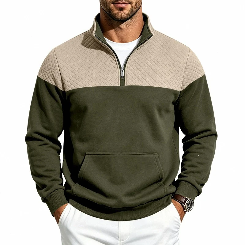 Herren Stehkragen-Sweatshirt mit Halbzip, gesteppter Schulterpasse und Kängurutasche Nord Taschen