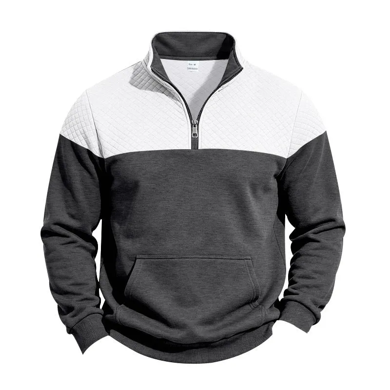 Herren Stehkragen-Sweatshirt mit Halbzip, gesteppter Schulterpasse und Kängurutasche Nord Taschen