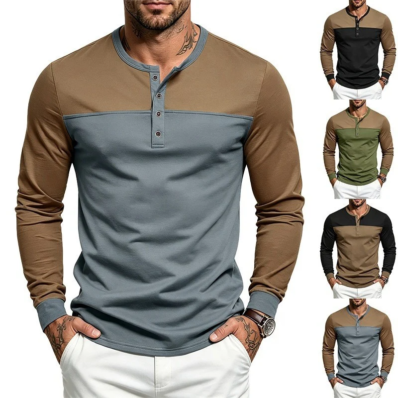 Herren Slim-Fit Langarm-Henleyshirt mit Kontrastpasse und Knopfleiste Nord Taschen