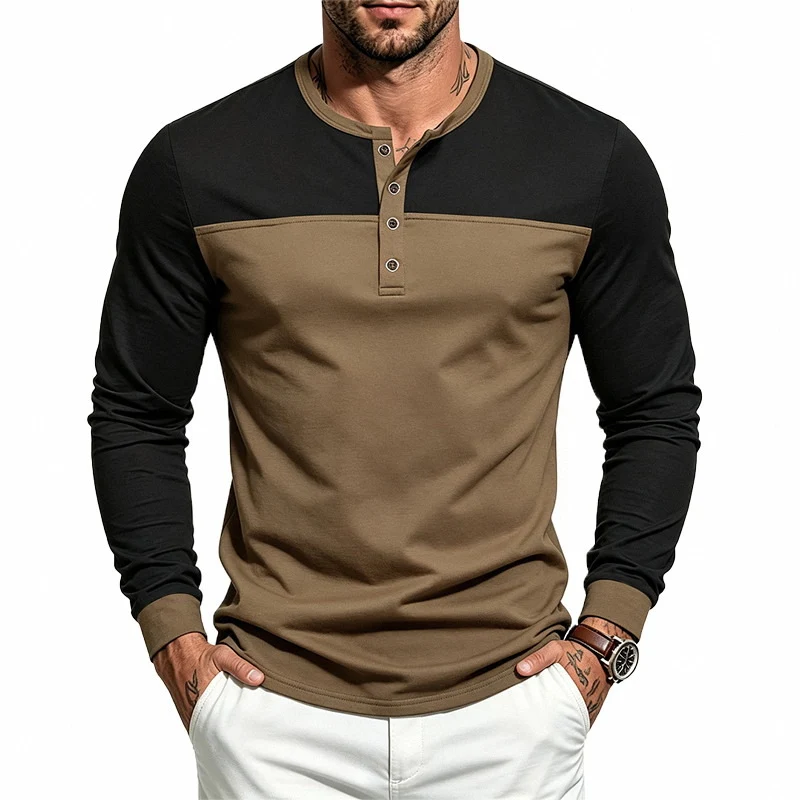 Herren Slim-Fit Langarm-Henleyshirt mit Kontrastpasse und Knopfleiste Nord Taschen
