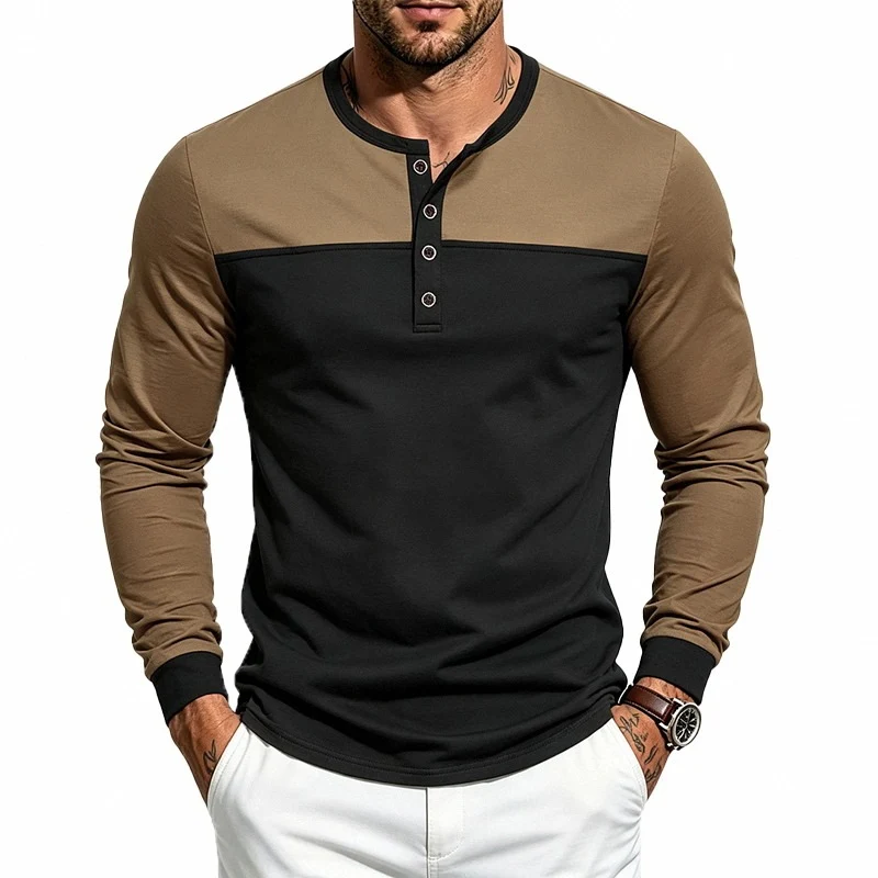 Herren Slim-Fit Langarm-Henleyshirt mit Kontrastpasse und Knopfleiste Nord Taschen