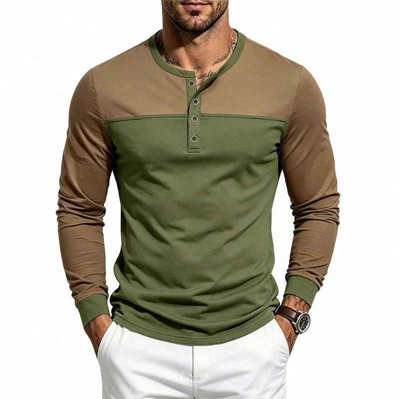 Herren Slim-Fit Langarm-Henleyshirt mit Kontrastpasse und Knopfleiste Nord Taschen