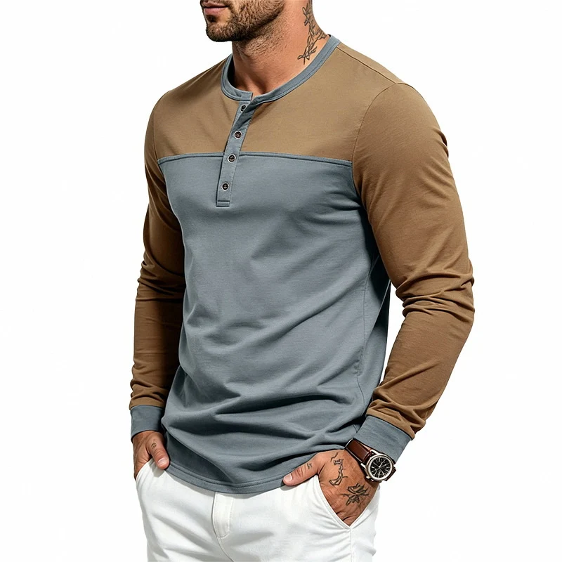 Herren Slim-Fit Langarm-Henleyshirt mit Kontrastpasse und Knopfleiste Nord Taschen
