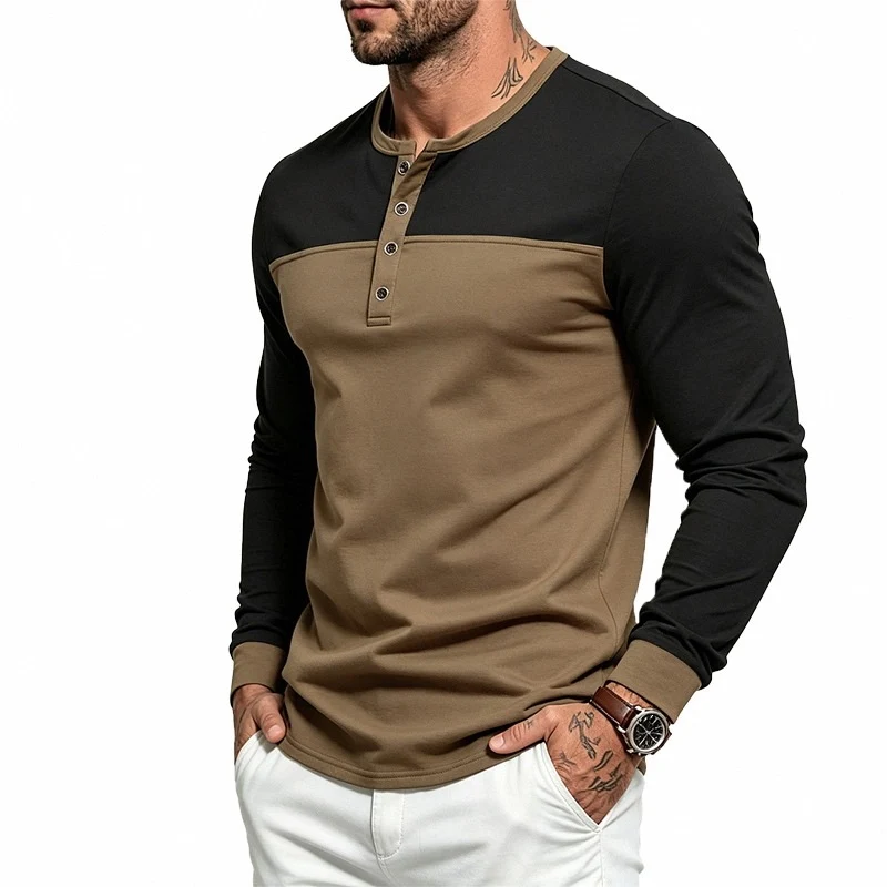 Herren Slim-Fit Langarm-Henleyshirt mit Kontrastpasse und Knopfleiste Nord Taschen