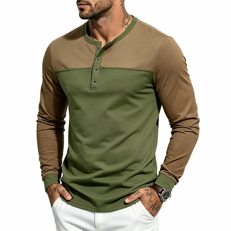 Herren Slim-Fit Langarm-Henleyshirt mit Kontrastpasse und Knopfleiste Nord Taschen