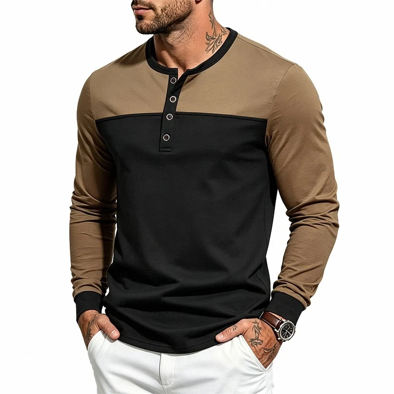Herren Slim-Fit Langarm-Henleyshirt mit Kontrastpasse und Knopfleiste Nord Taschen