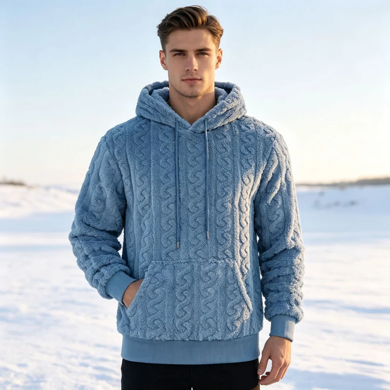 Herren Sherpa-Kapuzenpullover mit Zopfmuster, Kängurutasche und Rippbündchen Nord Taschen