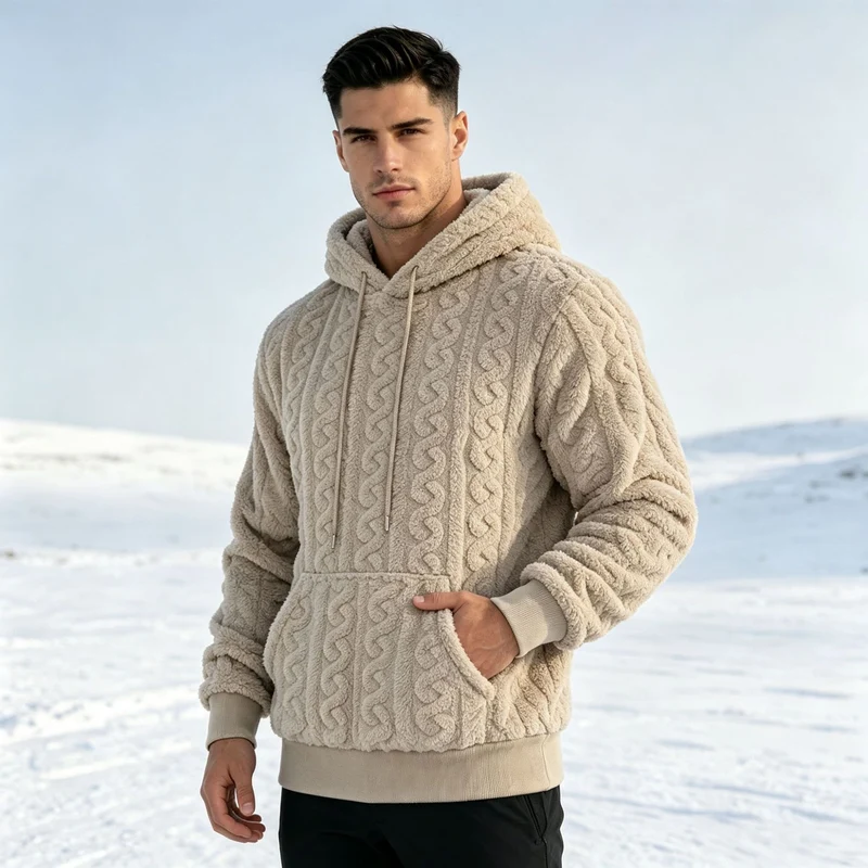 Herren Sherpa-Kapuzenpullover mit Zopfmuster, Kängurutasche und Rippbündchen Nord Taschen