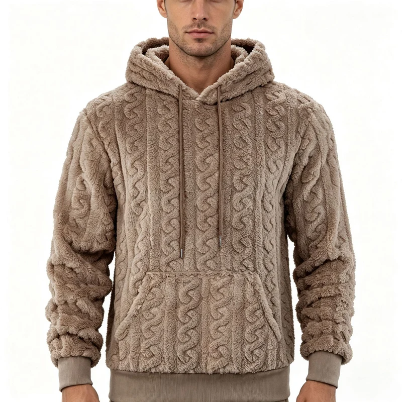 Herren Sherpa-Kapuzenpullover mit Zopfmuster, Kängurutasche und Rippbündchen Nord Taschen