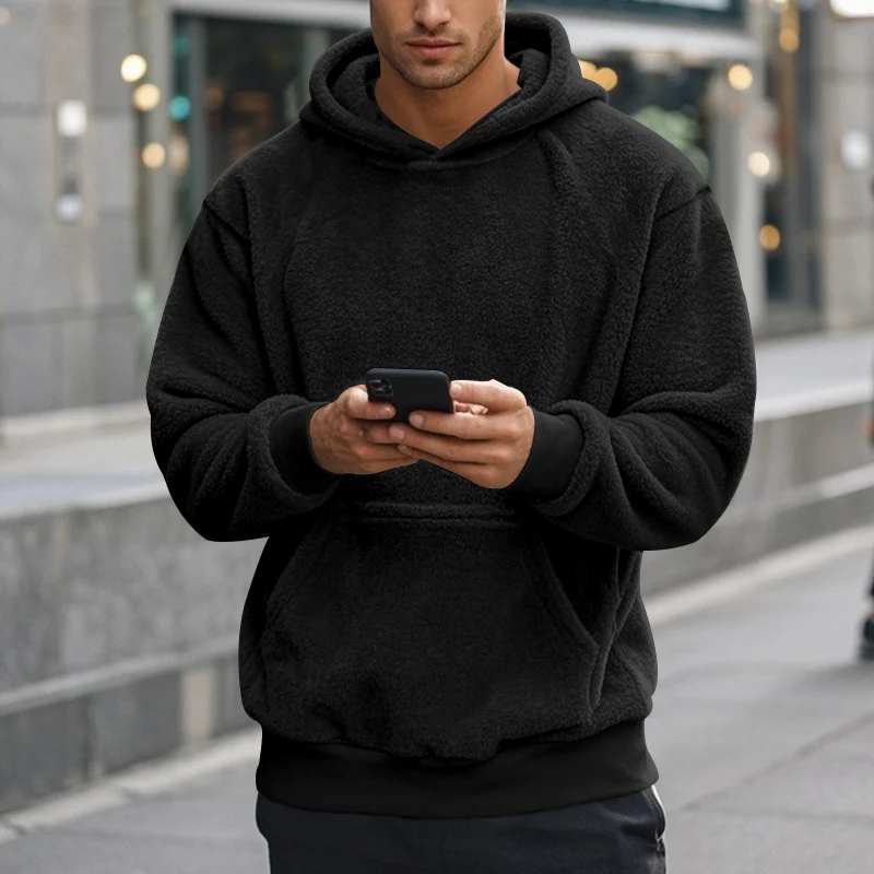 Herren Sherpa-Kapuzenpullover im Teddy-Fleece mit Kängurutasche und Rippbündchen Nord Taschen