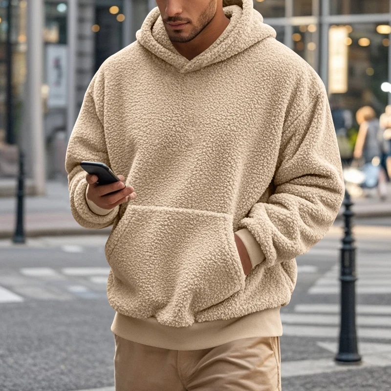 Herren Sherpa-Kapuzenpullover im Teddy-Fleece mit Kängurutasche und Rippbündchen Nord Taschen
