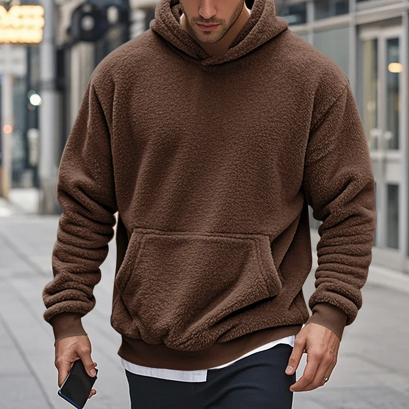 Herren Sherpa-Kapuzenpullover im Teddy-Fleece mit Kängurutasche und Rippbündchen Nord Taschen
