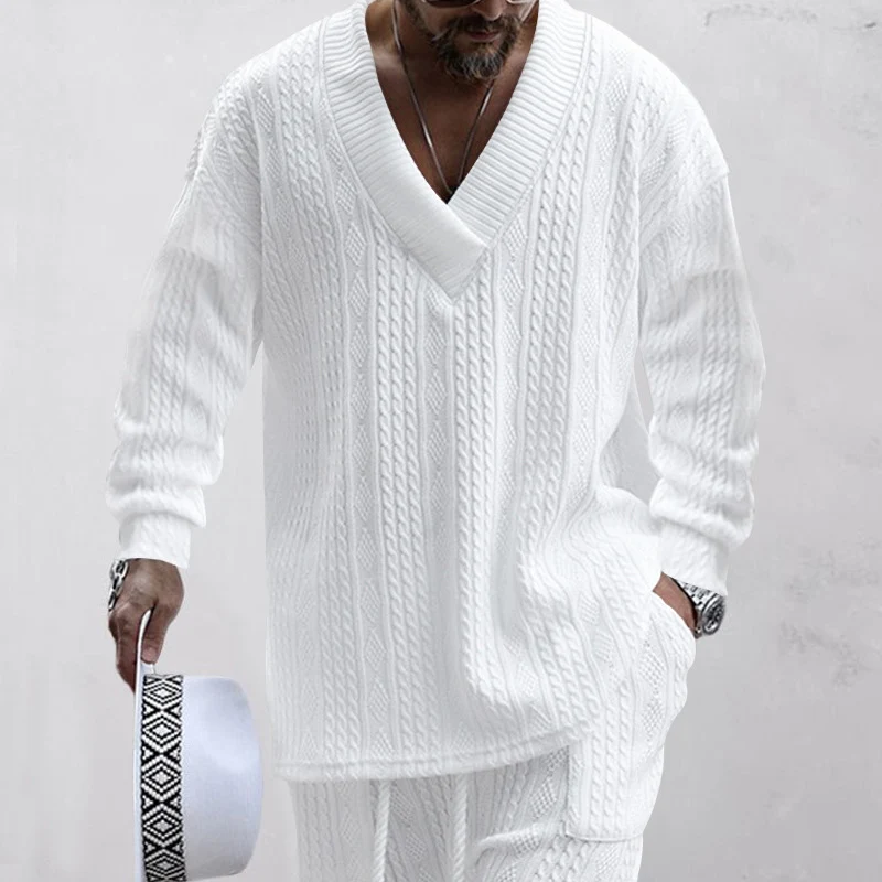 Herren Oversize-Zopfmuster-Pullover mit tiefem V-Ausschnitt Nord Taschen