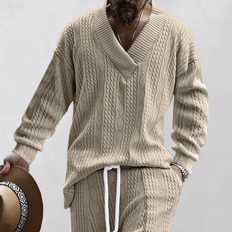 Herren Oversize-Zopfmuster-Pullover mit tiefem V-Ausschnitt Nord Taschen