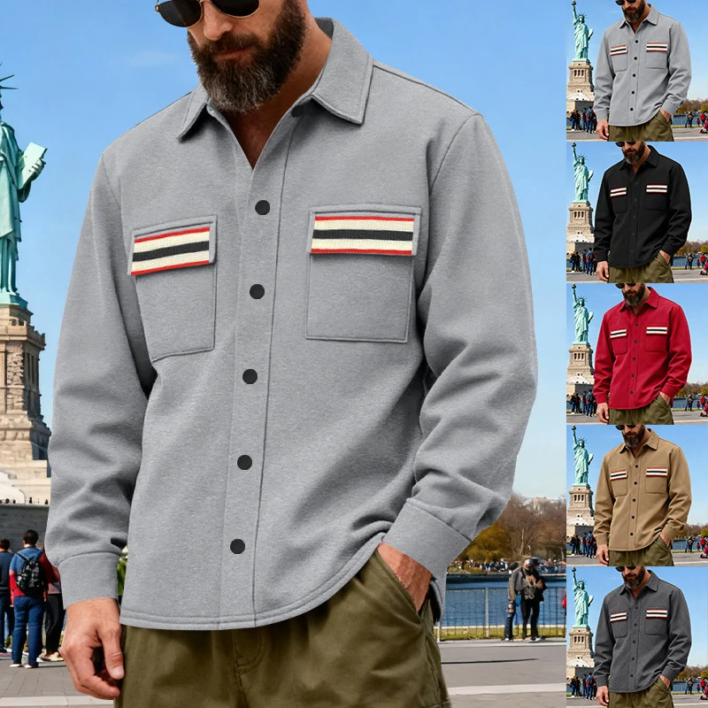 Herren Overshirt-Jacke aus schwerem Baumwollmix mit Brusttaschen und Kontraststreifen Nord Taschen