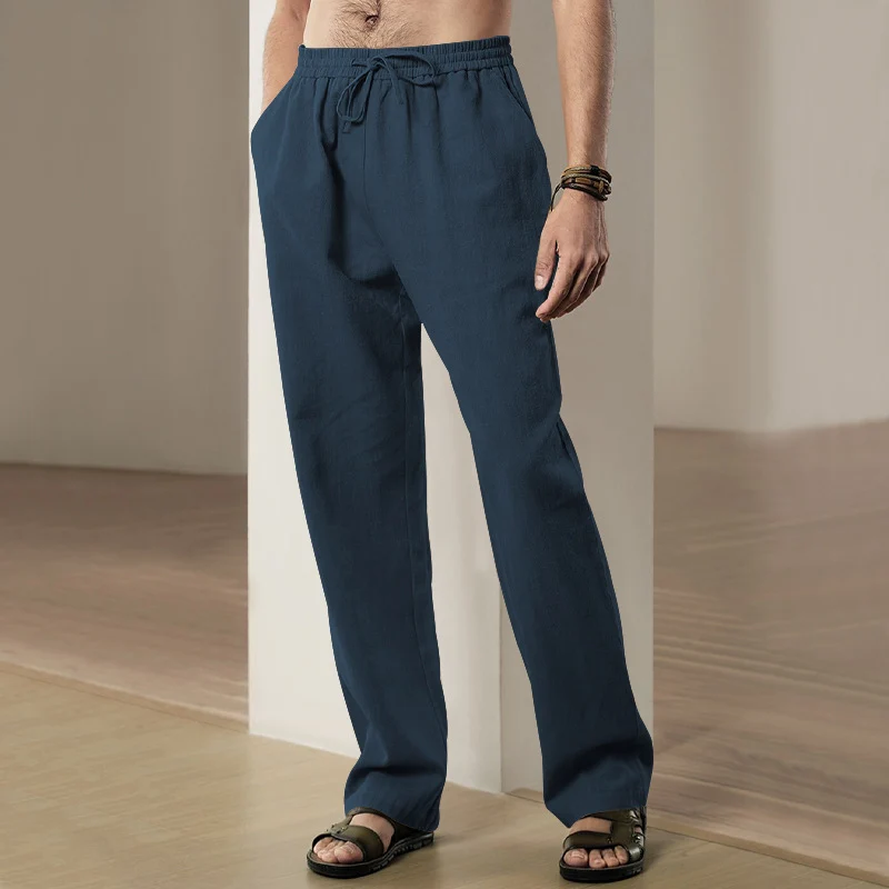 Herren Locker geschnittene Leinenhose mit Kordelzug und geradem Bein Nord Taschen