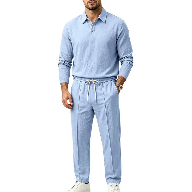 Herren Leichtes Leinen-Lounge-Set mit Henley-Kragen und elastischer Bundhose Nord Taschen
