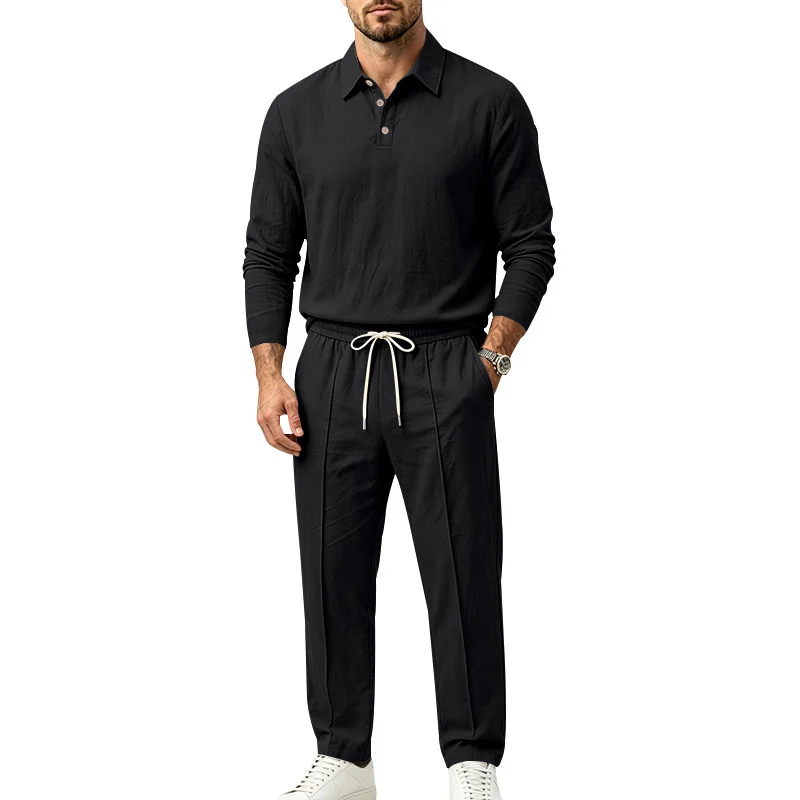 Herren Leichtes Leinen-Lounge-Set mit Henley-Kragen und elastischer Bundhose Nord Taschen