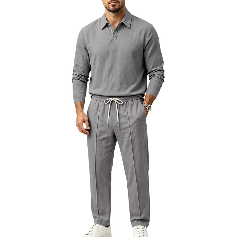 Herren Leichtes Leinen-Lounge-Set mit Henley-Kragen und elastischer Bundhose Nord Taschen