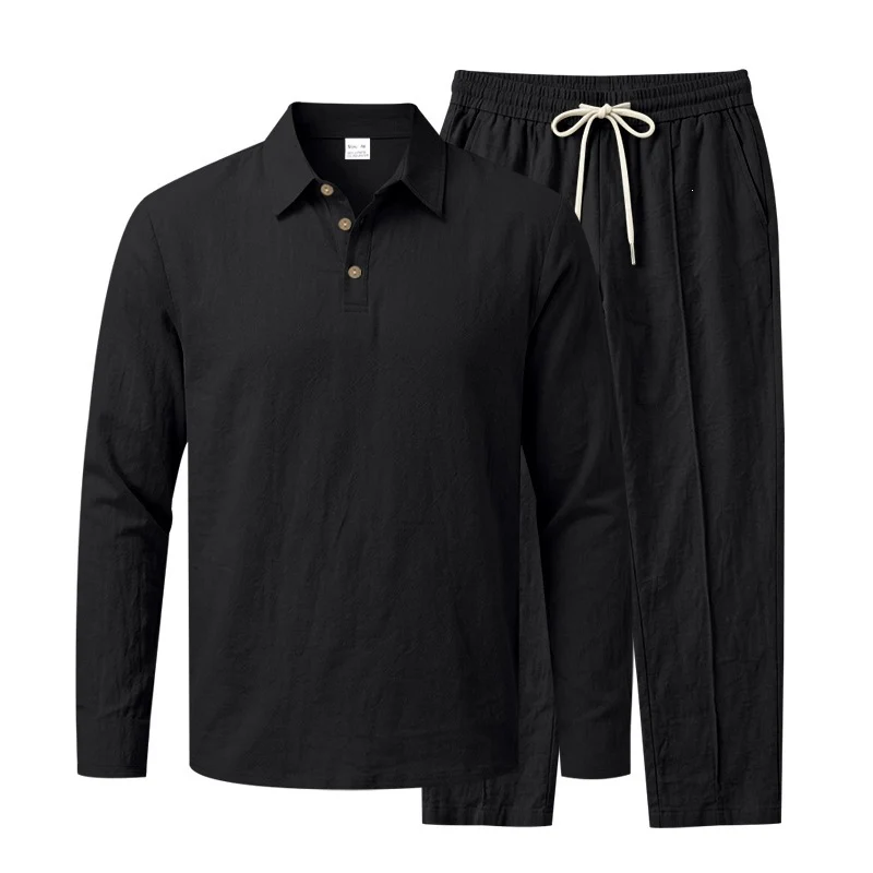 Herren Leichtes Leinen-Lounge-Set mit Henley-Kragen und elastischer Bundhose Nord Taschen