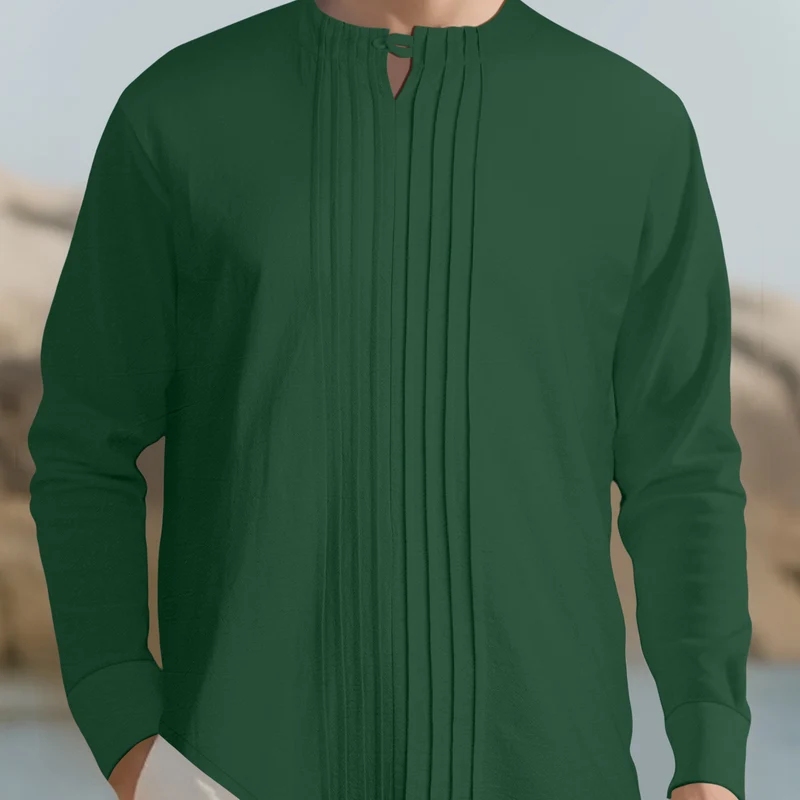 Herren Leichtes Langarmshirt im Leinenlook mit Stehkragen, Kellerfalten und Schlaufenverschluss Nord Taschen