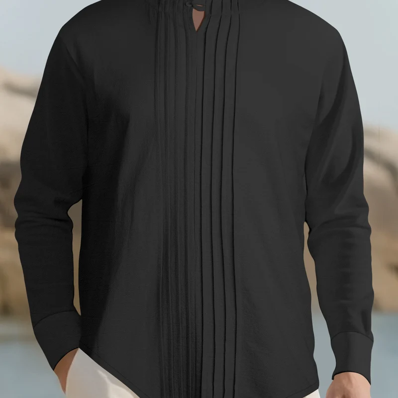 Herren Leichtes Langarmshirt im Leinenlook mit Stehkragen, Kellerfalten und Schlaufenverschluss Nord Taschen