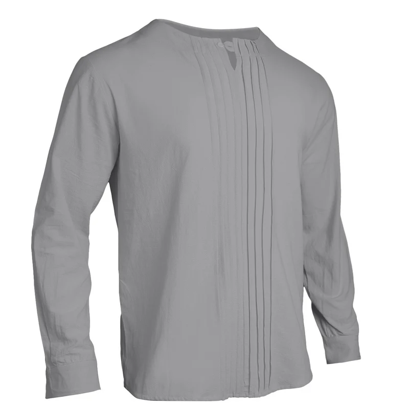 Herren Leichtes Langarmshirt im Leinenlook mit Stehkragen, Kellerfalten und Schlaufenverschluss Nord Taschen