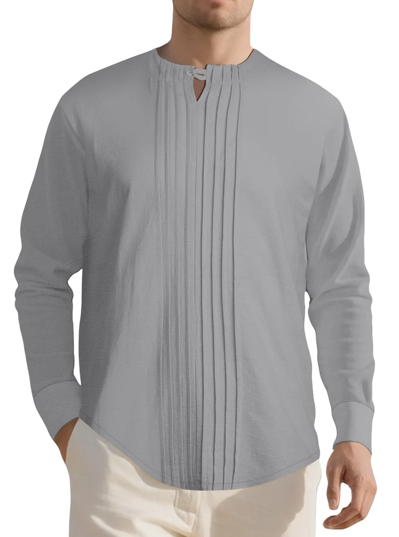 Herren Leichtes Langarmshirt im Leinenlook mit Stehkragen, Kellerfalten und Schlaufenverschluss Nord Taschen