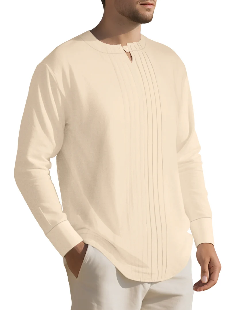 Herren Leichtes Langarmshirt im Leinenlook mit Stehkragen, Kellerfalten und Schlaufenverschluss Nord Taschen