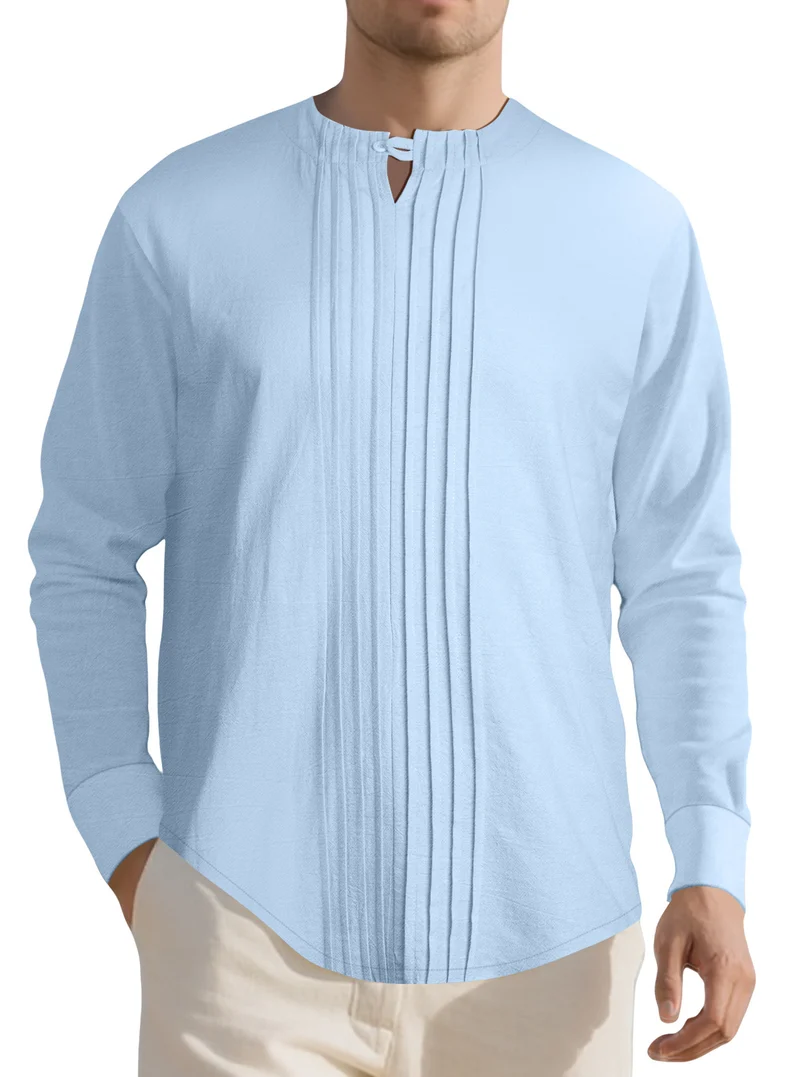 Herren Leichtes Langarmshirt im Leinenlook mit Stehkragen, Kellerfalten und Schlaufenverschluss Nord Taschen