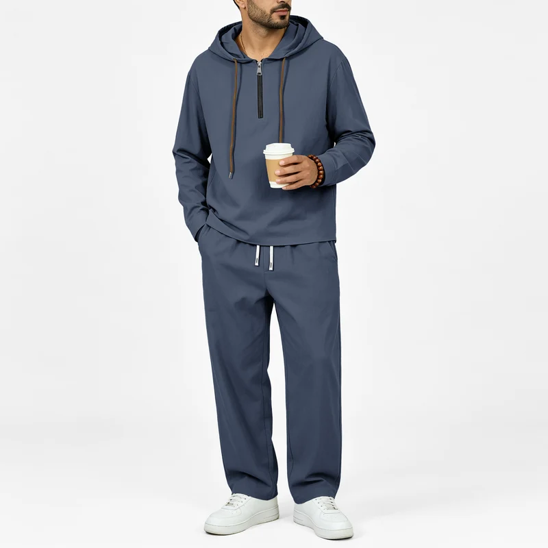 Herren Leichter Halbzip-Kapuzenpullover im Relaxed-Fit mit Kordelzug Nord Taschen