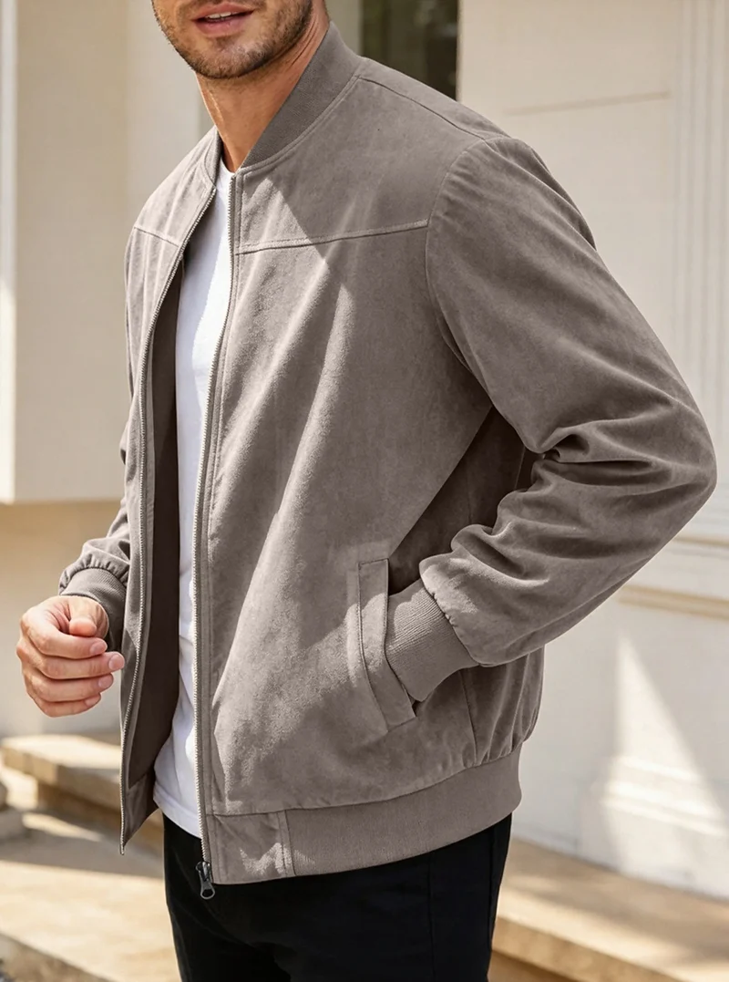 Herren Leichte Bomberjacke im Velours-Look mit Reißverschluss und Rippbündchen Nord Taschen