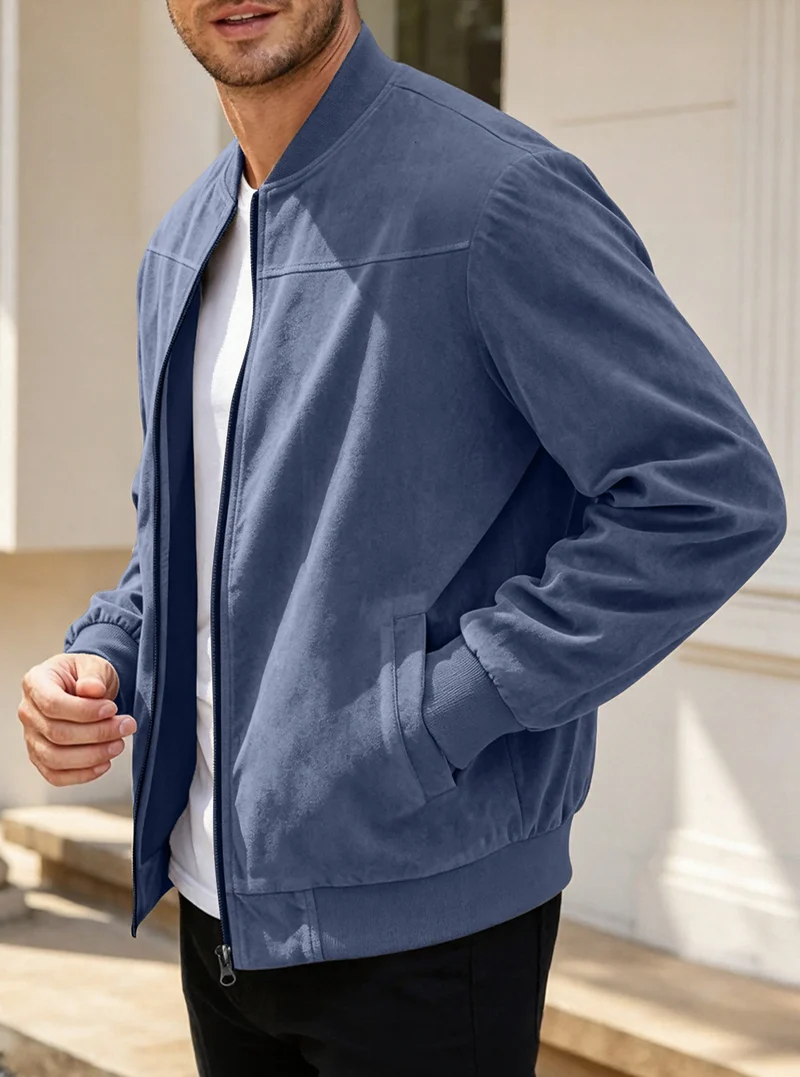 Herren Leichte Bomberjacke im Velours-Look mit Reißverschluss und Rippbündchen Nord Taschen