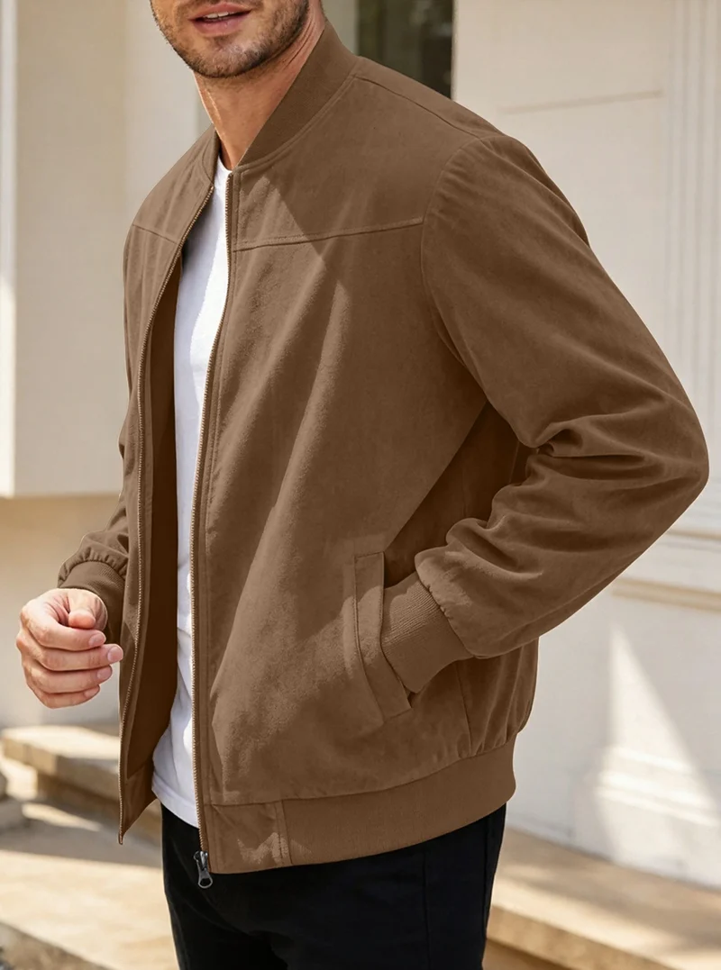 Herren Leichte Bomberjacke im Velours-Look mit Reißverschluss und Rippbündchen Nord Taschen