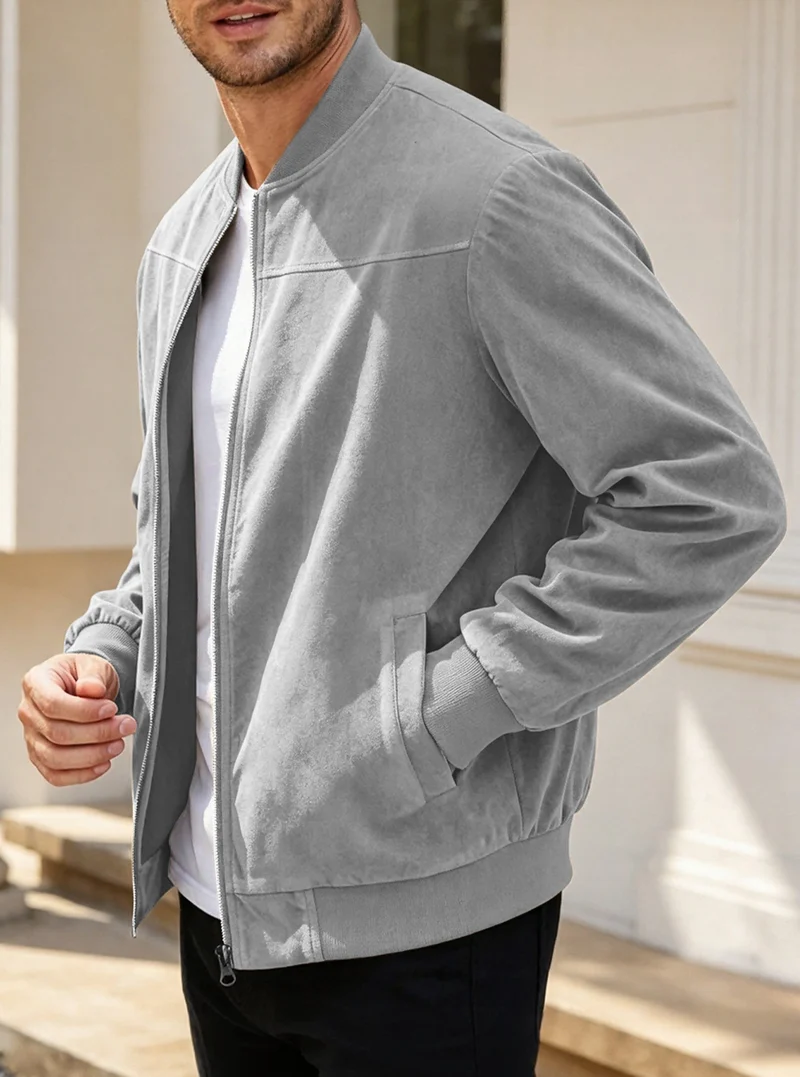 Herren Leichte Bomberjacke im Velours-Look mit Reißverschluss und Rippbündchen Nord Taschen