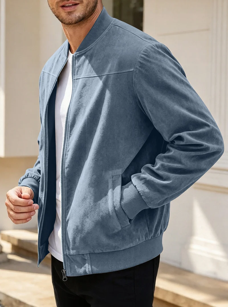 Herren Leichte Bomberjacke im Velours-Look mit Reißverschluss und Rippbündchen Nord Taschen